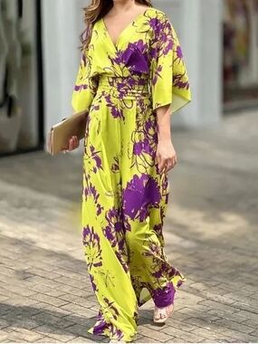 High-Waisted Floral Print Batwing Sleeve Jumpsuit